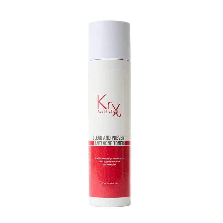 KrX Clear + Prevent Anti Acne Face Toner featuring LHA and Zinc PCA for gentle pore exfoliation and oil control.