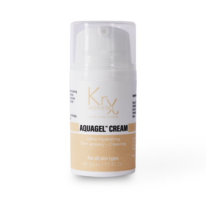 KrX AquaGel™ Cream in a 50ml pump; a professional Korean gel-cream solution that solves the "heavy-moisturizer" problem by delivering deep hydration in a weightless, fast-absorbing formula.