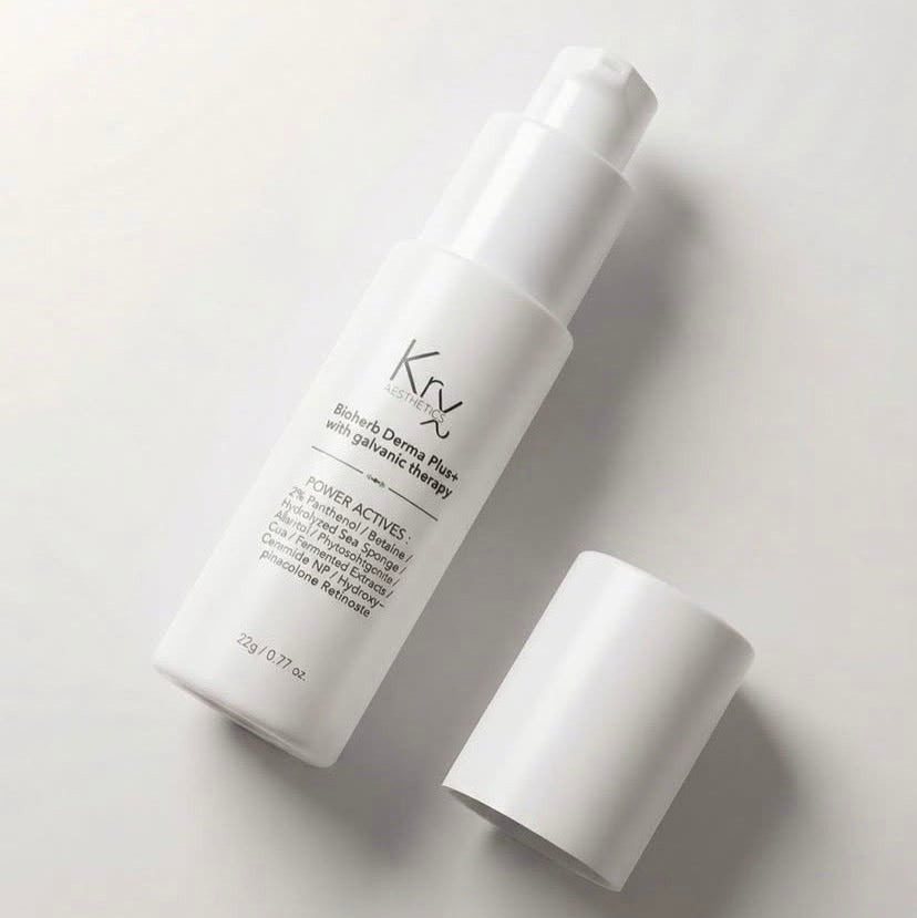 Close-up of the KrX Bioherb Derma Plus+ applicator, featuring 3,000 ppm liquid Korean microneedling spicules for targeted at-home skin resurfacing.