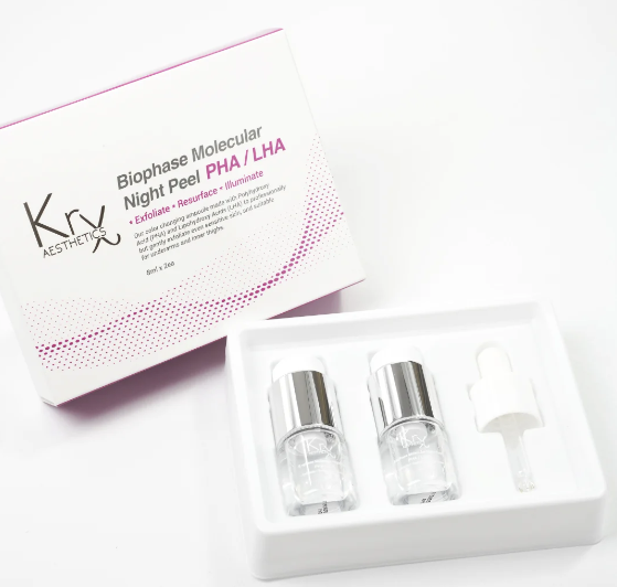 KrX Biophase Night Peel dual chamber Korean PHA LHA exfoliating treatment for pores texture brightening and sensitive skin.