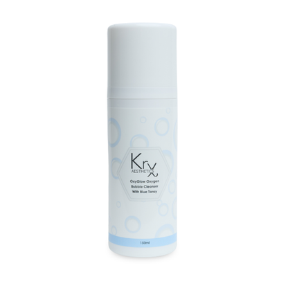 KrX OxyGlow Blue Tansy Bubble Cleanser in a 150ml pump; an oxygenating solution that solves "pore-congestion" by using self-bubbling technology to lift impurities without stripping the skin's natural moisture barrier.