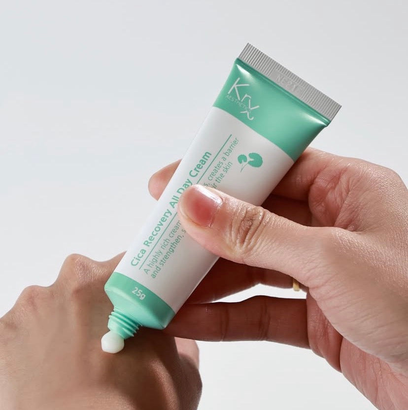 Achieving the Korean 'glass skin' look using the KrX Cica Recovery Cream; a high-gloss, dewy finish that deeply feeds the skin with peptides while soothing irritation