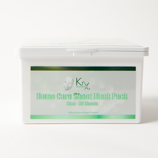 30-count box of KrX Cica Home Care Masks, providing a professional professional-grade Korean barrier repair solution with high-concentration Centella Asiatica to calm post-treatment redness.