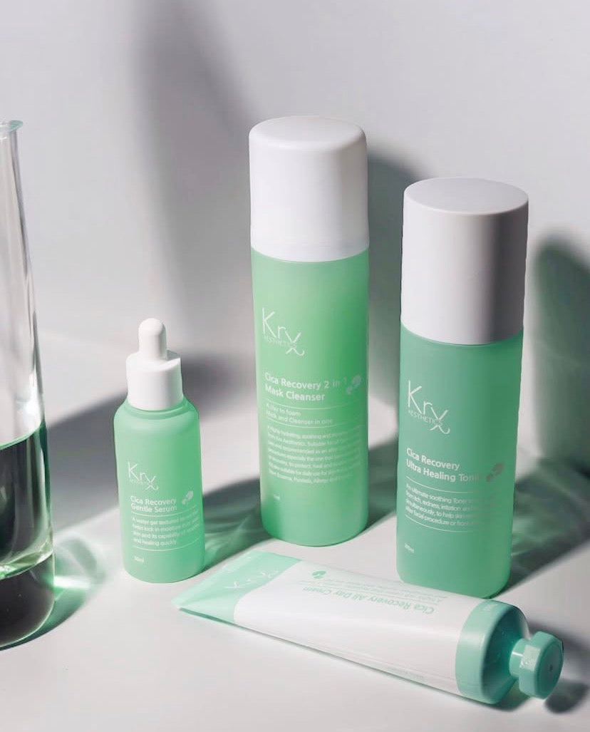 Showcasing the oversized professional bottles in the KrX Cica Recovery Kit, providing more product than standard retail kits to ensure a complete healing cycle.