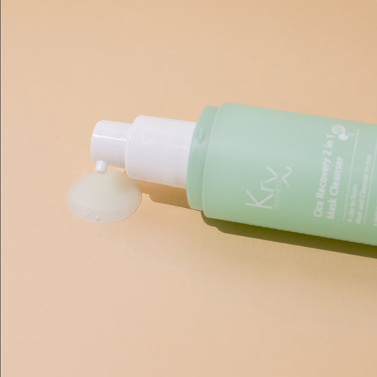 KrX Cica 2-in-1 duo, an innovative treatment that serves as both a gentle daily cleanser and a calming recovery mask.