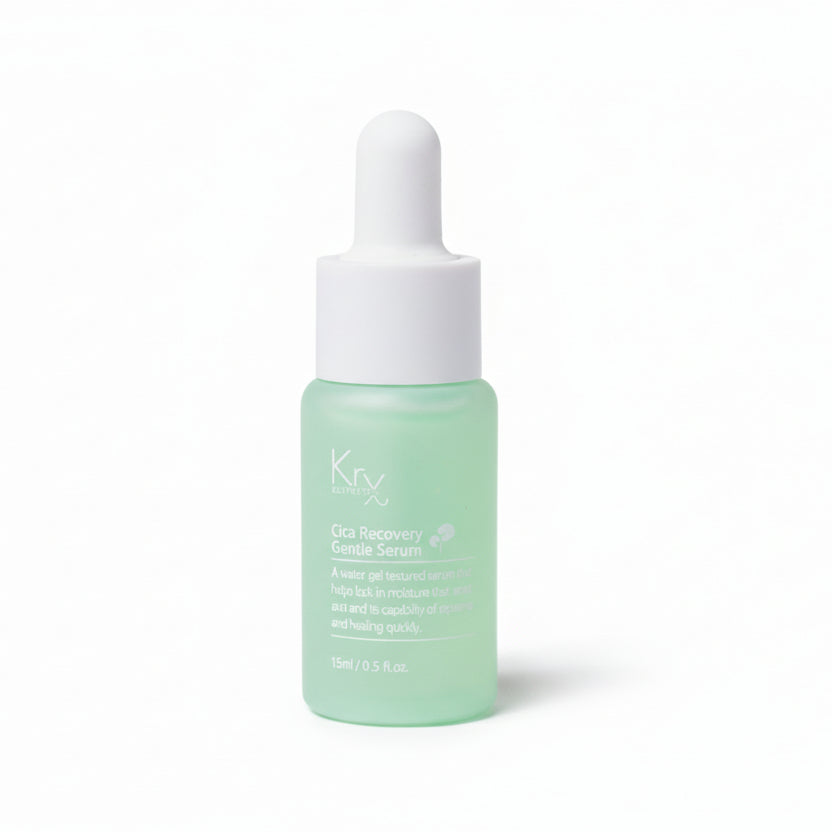Applying KrX Cica Recovery Serum to instantly calm visible redness and skin stress, utilizing a triple Centella complex to soothe inflammation on contact.