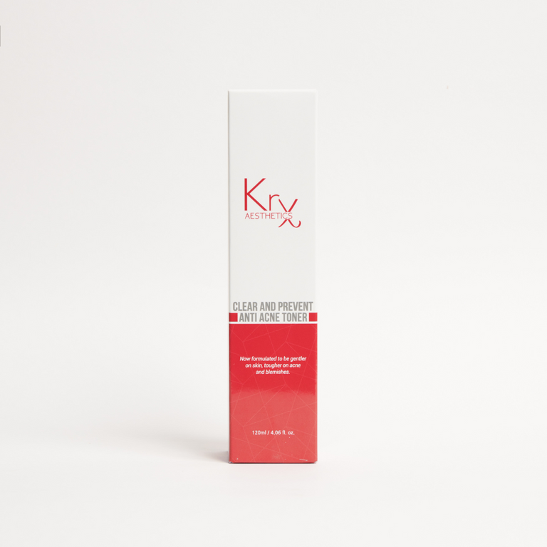 KrX Clear + Prevent Anti Acne Face Toner in a clinical pump bottle; Korean a liquid-exfoliant solution that solves "trapped impurities" using lipophilic LHA to dissolve oil and debris inside the pores for a refined, clear skin texture.