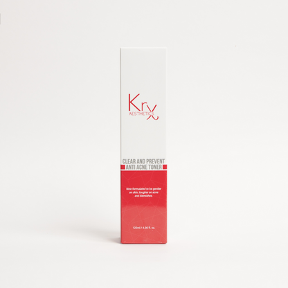 KrX Clear + Prevent Anti Acne Face Toner in a clinical pump bottle; Korean a liquid-exfoliant solution that solves "trapped impurities" using lipophilic LHA to dissolve oil and debris inside the pores for a refined, clear skin texture.