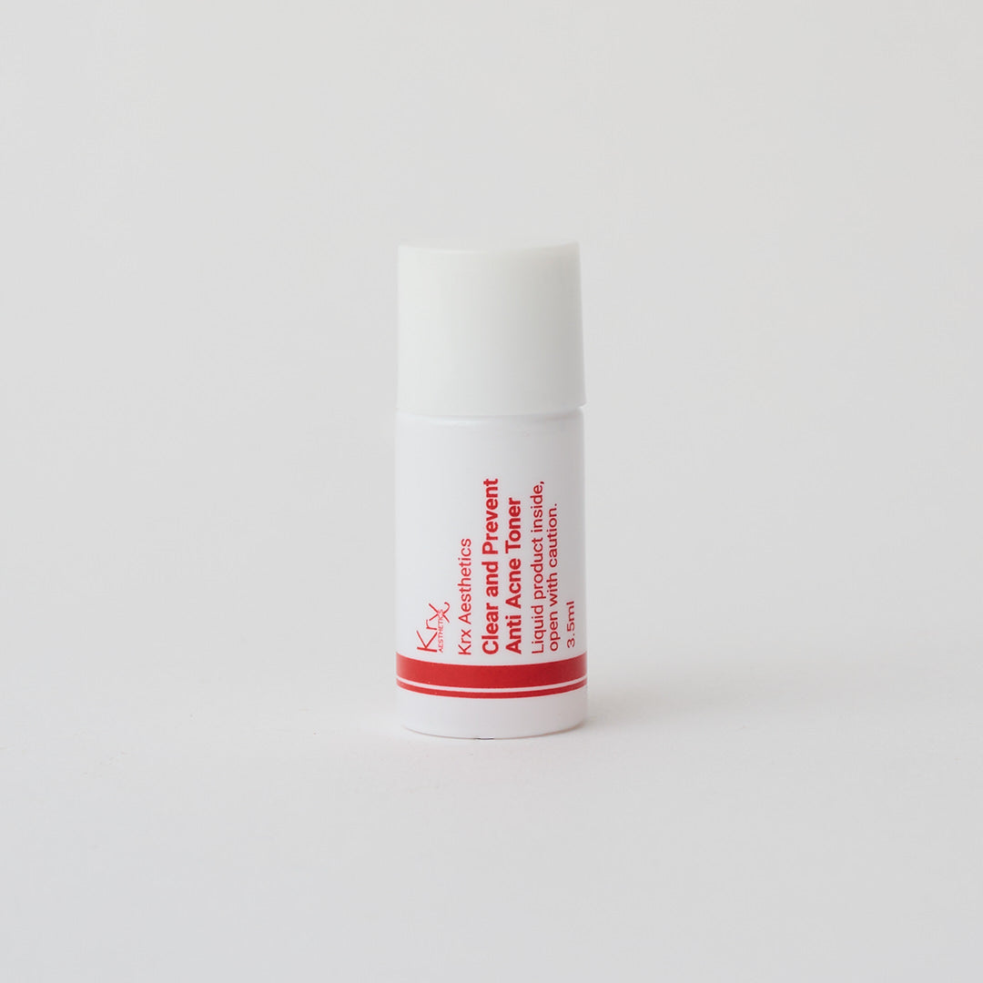 Sample size of KrX Aesthetics Clear + Prevent Korean Toner, an alcohol-free and acne-safe formula designed to soothe active breakouts and post-inflammatory redness.