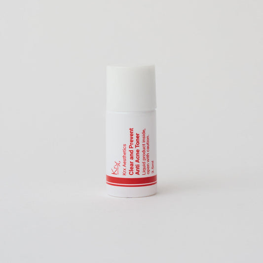 Sample size of KrX Aesthetics Clear + Prevent Korean Toner, an alcohol-free and acne-safe formula designed to soothe active breakouts and post-inflammatory redness.