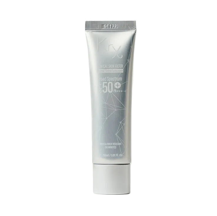 KrX Clinical Skin Filter SPF 50; a dewy Korean sunscreen solution that solves dullness by providing a tinted, glass-skin glow while blurring pores and protecting with mineral filters.