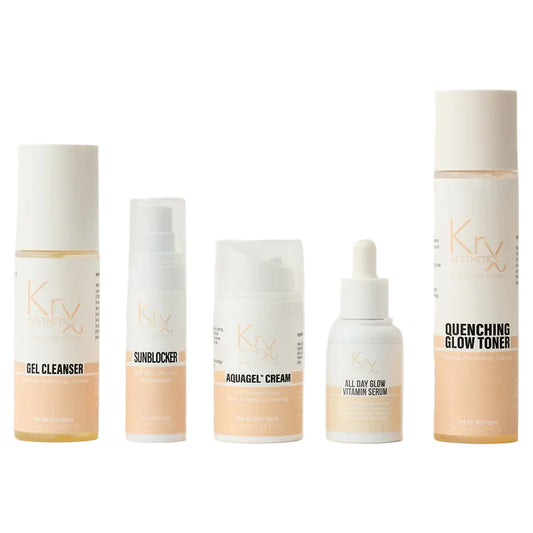KrX Deluxe Glow Bundle; a 5-step fragrance-free Korean skincare system that solves skin dullness and barrier depletion to create a healthy glass skin glow without irritation.