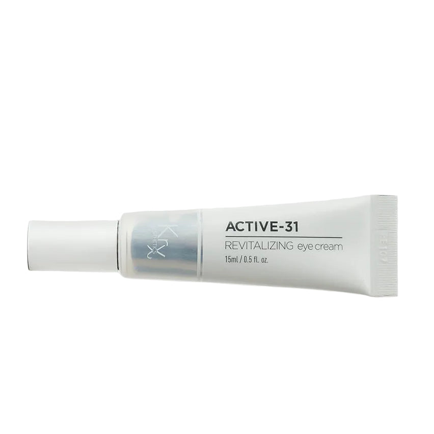 KrX Active 31 Revitalizing Eye Cream: Professional-grade 15ml clinical Korean eye treatment in a precision fine-tip applicator tube.