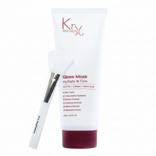 KrX Aesthetics Glass Mask Limited Edition; a professional 200ml Korean peel-off mask featuring 8-weight Hyaluronic Acid and Collagen for an instant luminous glass-skin finish