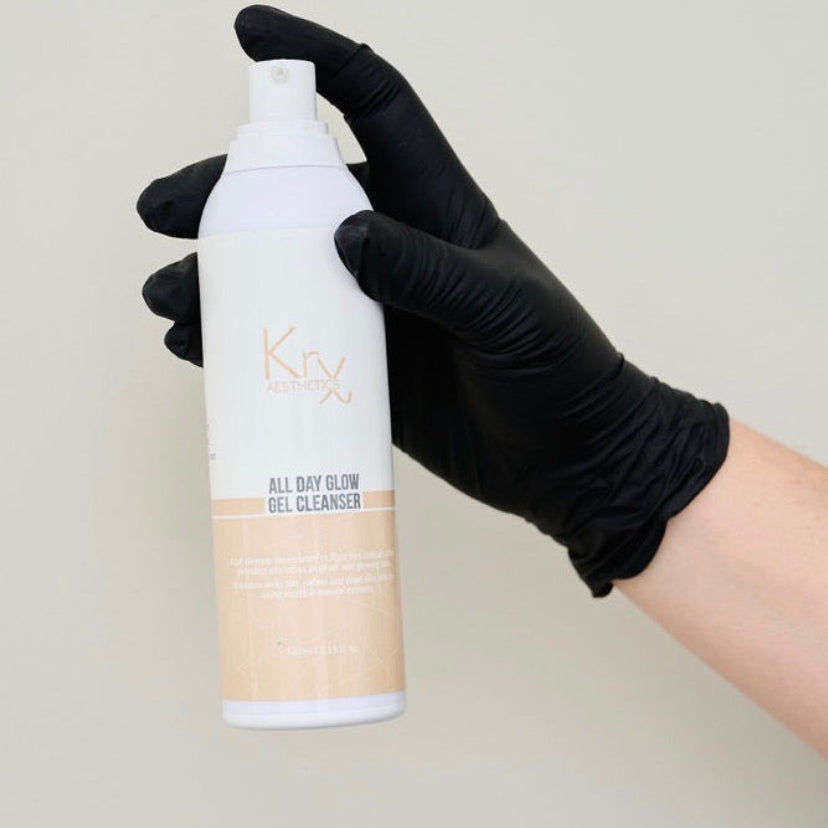 Professional application of the KrX Glow Gel Cleanser; a fragrance-free, pH-balanced formula that uses Aloe Vera and Evening Primrose to solve the problem of post-wash irritation in sensitive and acne-prone skin.