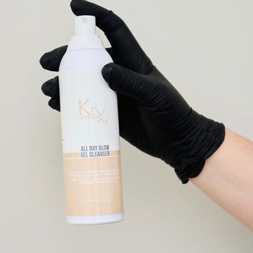 KrX All Day Glow Gel Cleanser used as a water-based second cleanse; the ultimate solution for removing the final traces of makeup and oil-wash residue to ensure a perfectly clean, glass-skin canvas.