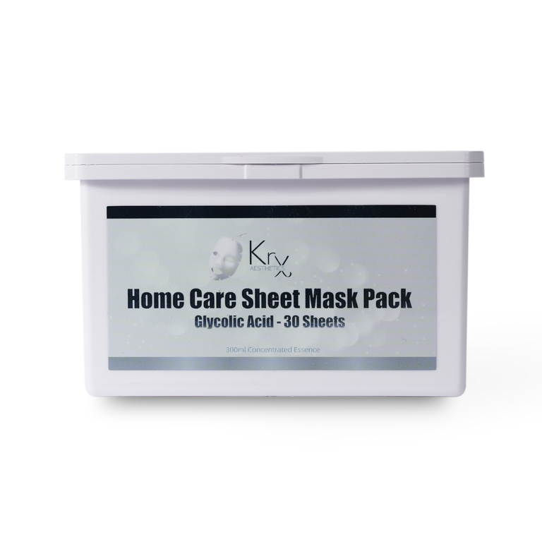 KrX Glycolic Acid Home Care Masks 30-count pack; a professional-grade AHA solution that solves rough skin texture by chemically dissolving dead cell bonds for a smooth, glass-skin surface.