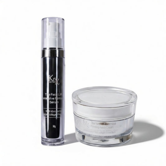 KrX Intensive Firming Face and Neck Lift Kit featuring Korean collagen serum and firming neck cream.