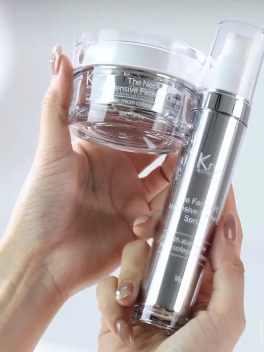 K-Beauty anti-aging set with 6-form collagen complex and peptides for face and neck lifting.