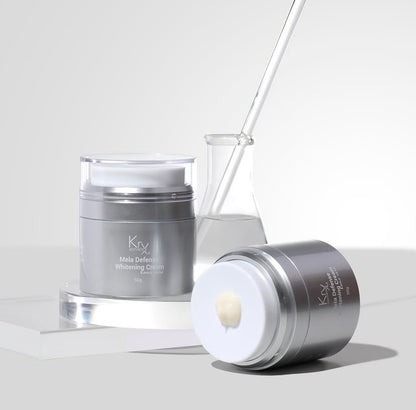 KrX Mela Defense formula with fermented rice to soothe melasma and boost brightening efficacy.