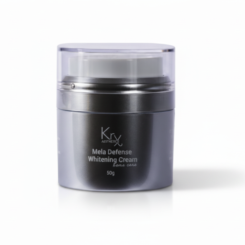 KrX Mela Défense Whitening Cream: A professional Korean brightening moisturizer in a 50g airless pump, designed to fade melasma and dark spots using 5% Tranexamic Acid.