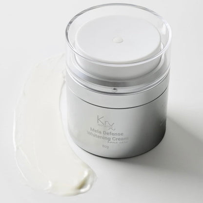 Nutrient-dense fermented rice water in KrX Mela Defense Korean Whitening Cream; this Hanbang ingredient provides deep hydration and enzymatic brightening for a luminous "glass skin" finish.