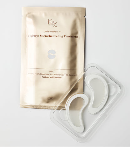 Ingredient highlight of KrX Korean Undereye Darts featuring 10% Glutathione and 5% Niacinamide; a brightening solution that solves "stubborn dark circles" by delivering high-potency antioxidants directly into the skin to neutralize discoloration.