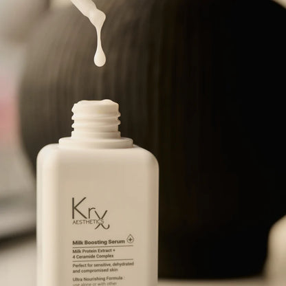 Creamy Korean milk ferment serum texture for soothing redness and dry, flaky skin.