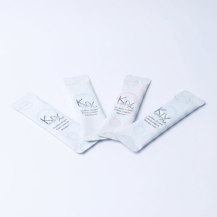 KrX OxyGlow Bubble Cleanser sachets bundle featuring Korean oxygen cleansers for brightening, detoxing, and soothing.