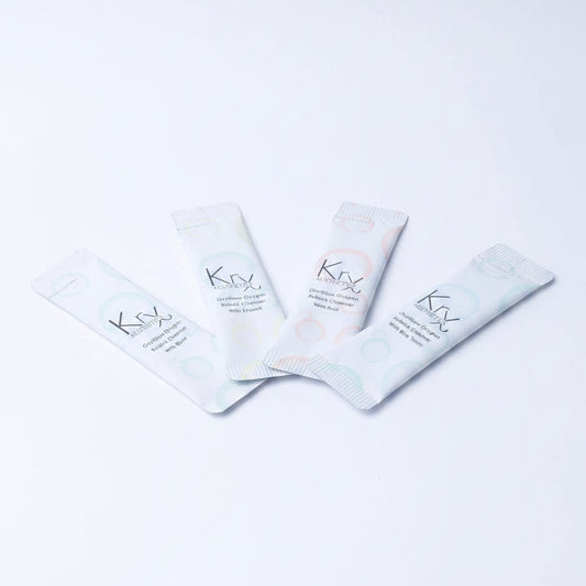KrX OxyGlow Bubble Cleanser sachets bundle featuring Korean oxygen cleansers for brightening, detoxing, and soothing.