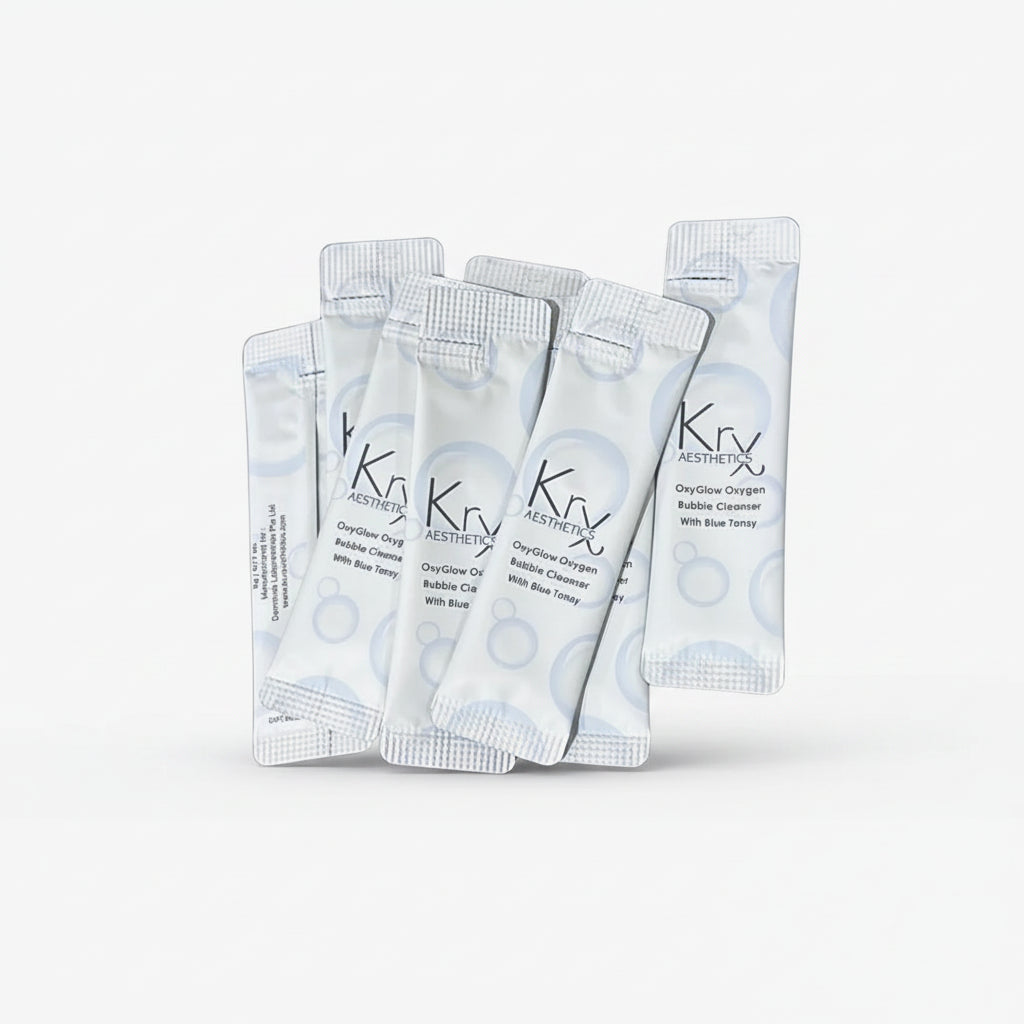 KrX OxyGlow Blue Tansy single use sachet packs for gentle barrier repair and deep pore cleansing