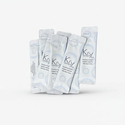 KrX OxyGlow Blue Tansy single use sachet packs for gentle barrier repair and deep pore cleansing