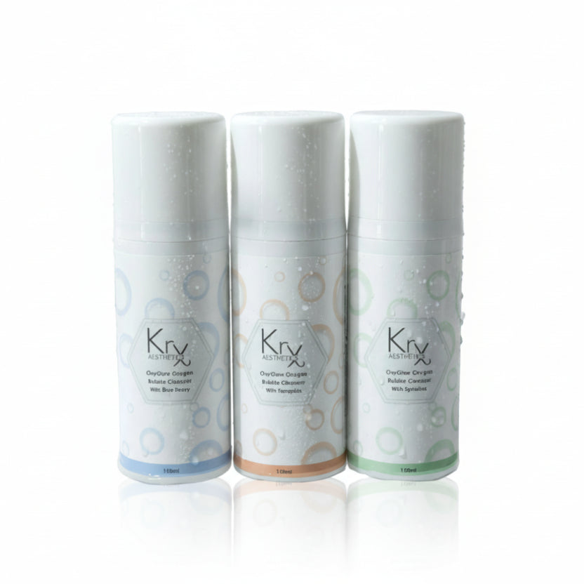 KrX OxyGlow Bubble Cleanser Trio; a skin-cycling solution that solves "changing skin needs" by providing three targeted oxygen formulas to brighten, detox, or calm based on your skin's daily mood.