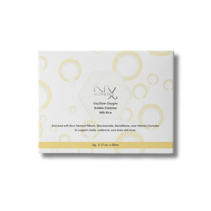 KrX OxyGlow Rice Bubble Cleanser box containing 30 single-use sachet packs
