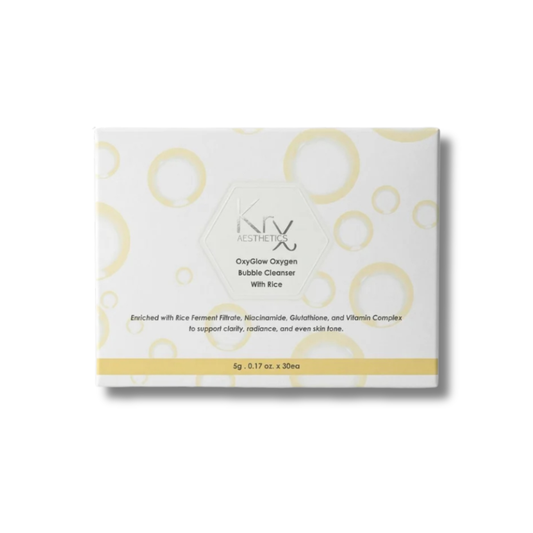 KrX OxyGlow Rice Bubble Cleanser box containing 30 single-use sachet packs