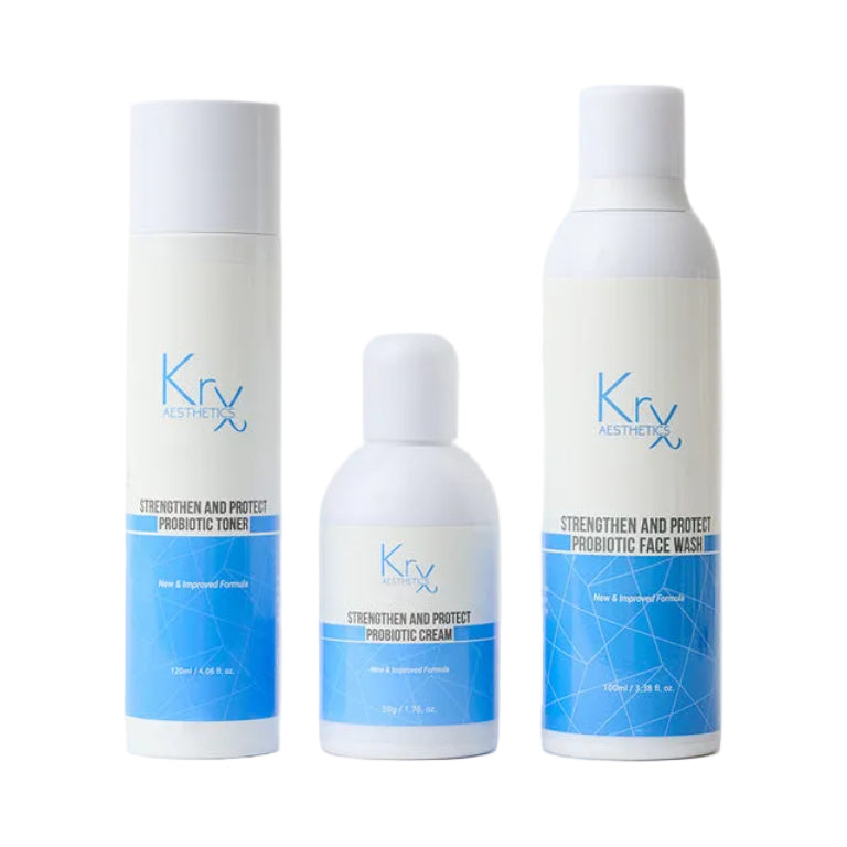 The complete KrX Probiotic System for sensitive skin. Includes Face Wash, Toner, and Cream to repair the barrier and calm redness. Save on this 3-step K-Beauty kit.