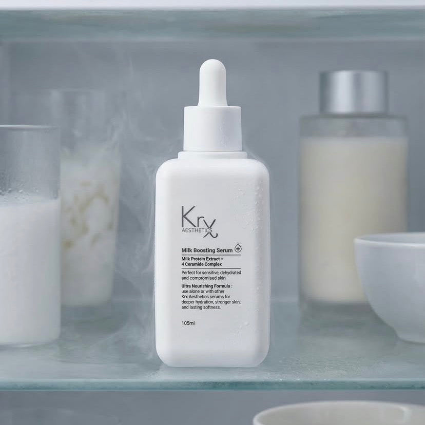 Achieve a glass skin glow with KrX Milk Boosting professional ceramide serum for sensitive skin.