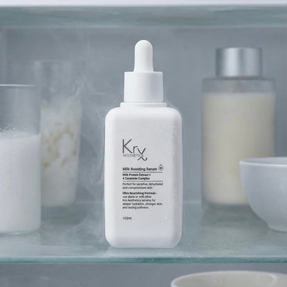 Achieve a glass skin glow with KrX Milk Boosting professional ceramide serum for sensitive skin.