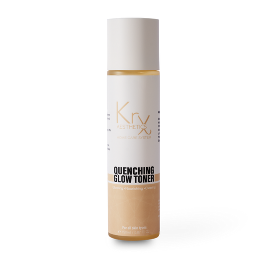 KrX Quenching Glow Toner in a 120ml bottle; a fragrance-free solution that solves skin dullness and dehydration using dual molecular weight Hyaluronic Acid and stabilized Vitamin C.