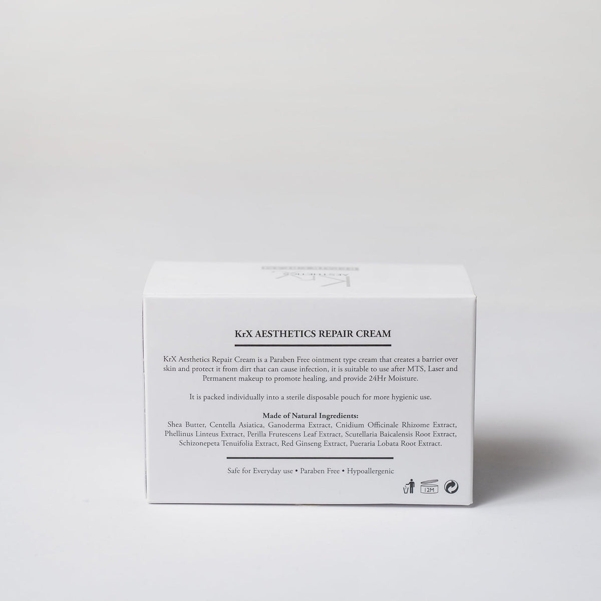 Back view of KrX Repair Cream packaging with ingredients and application instructions for post-treatment skin barrier repair.