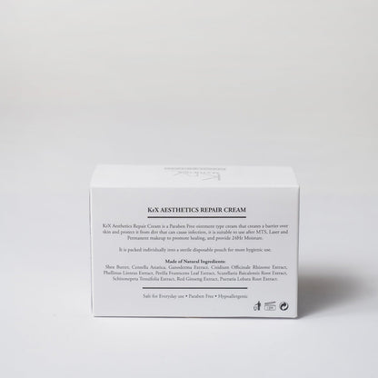 Back view of KrX Repair Cream packaging with ingredients and application instructions for post-treatment skin barrier repair.