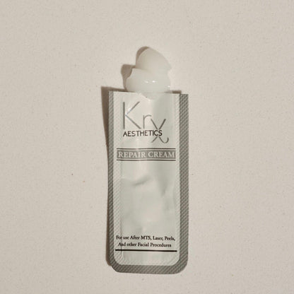 Individual travel-sized pouch of KrX Repair Cream designed for hygienic, on-the-go barrier support and sensitive skin recovery.