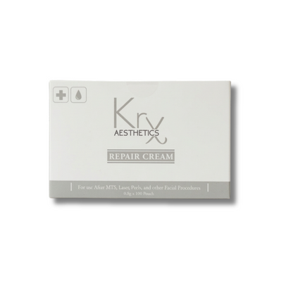 Box of KrX Repair Cream with single-dose sachets displayed for easy travel packaging and daily post-treatment recovery.