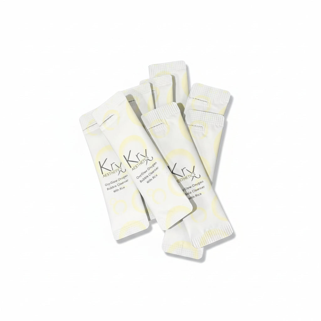 KrX OxyGlow Rice Ferment Bubble Cleanser single-use sachet packs for dull skin