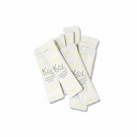 KrX OxyGlow Rice Ferment Bubble Cleanser single-use sachet packs for dull skin
