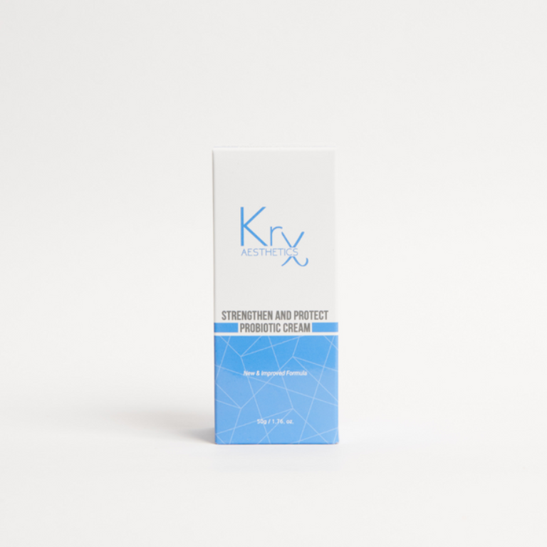 Full-size 50g KrX Strengthen + Protect Probiotic Face Cream; a microbiome-supporting Korean moisturizer solution that solves skin barrier damage and chronic redness with a non-comedogenic formula.