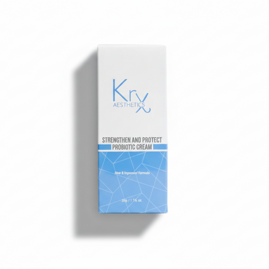 Full-size 50g KrX Strengthen + Protect Probiotic Face Cream; a microbiome-supporting Korean moisturizer solution that solves skin barrier damage and chronic redness with a non-comedogenic formula.