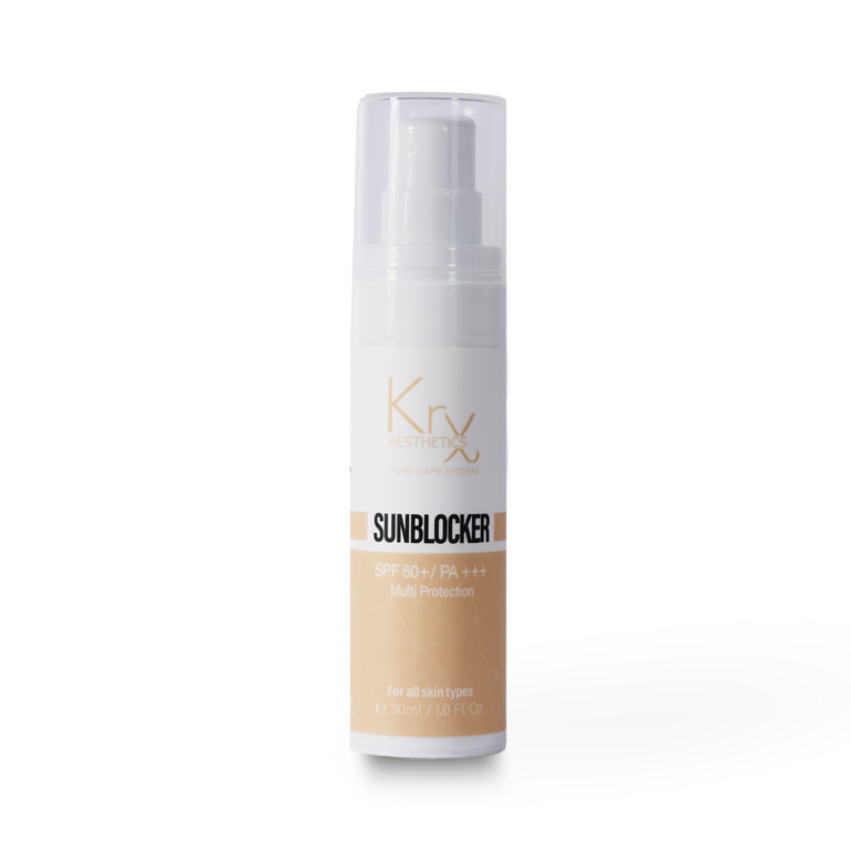 KrX Sunblocker SPF 50 PA+++ with Titanium Dioxide and Centella; a 100% mineral-based solution that solves the "post-procedure sting" by creating a physical cooling shield that protects healing tissue without the irritation of chemical UV absorbers.