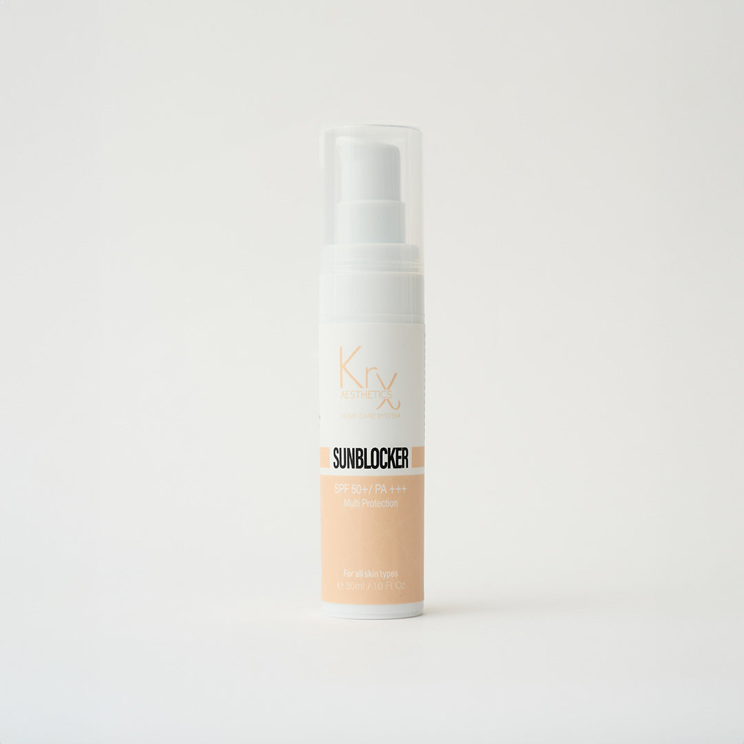 KrX Aesthetics Sunblocker SPF 50, a gentle Korean physical sunscreen for sensitive skin and body coverage.