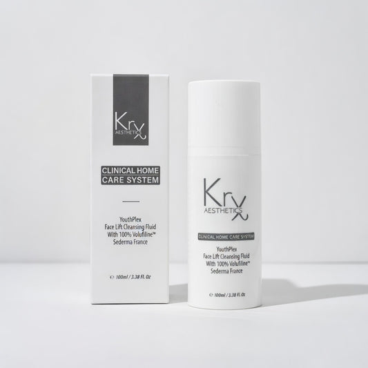 KrX Youthplex Face Lift Cleansing Fluid with professional packaging; a 'Topical Tox' solution that solves forehead furrowing and expression lines using clinical-grade Acetyl Hexapeptide-8 (Argireline) to relax facial tension.